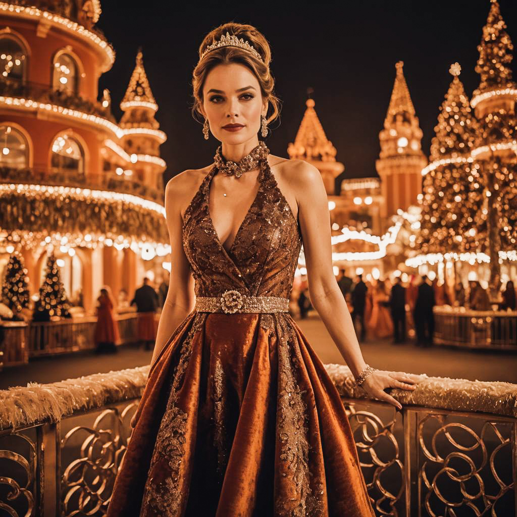 Elegant Woman in Brown Gown Against Festive Backdrop