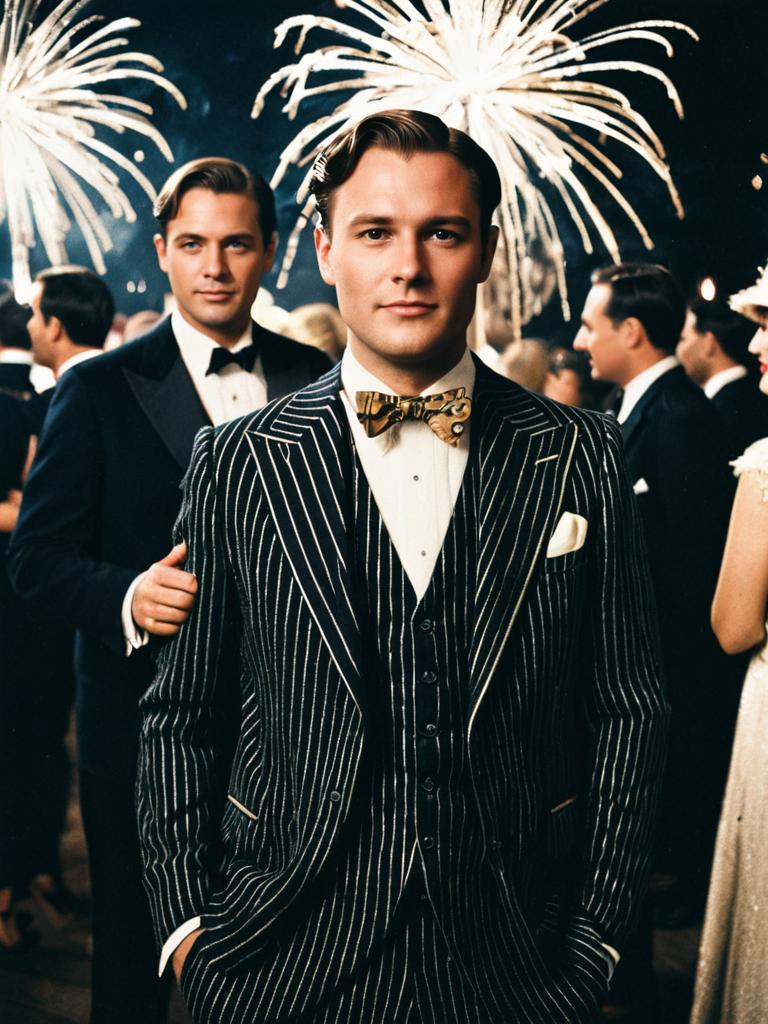 Man in Pinstripe Suit at Gatsby Party with Fireworks