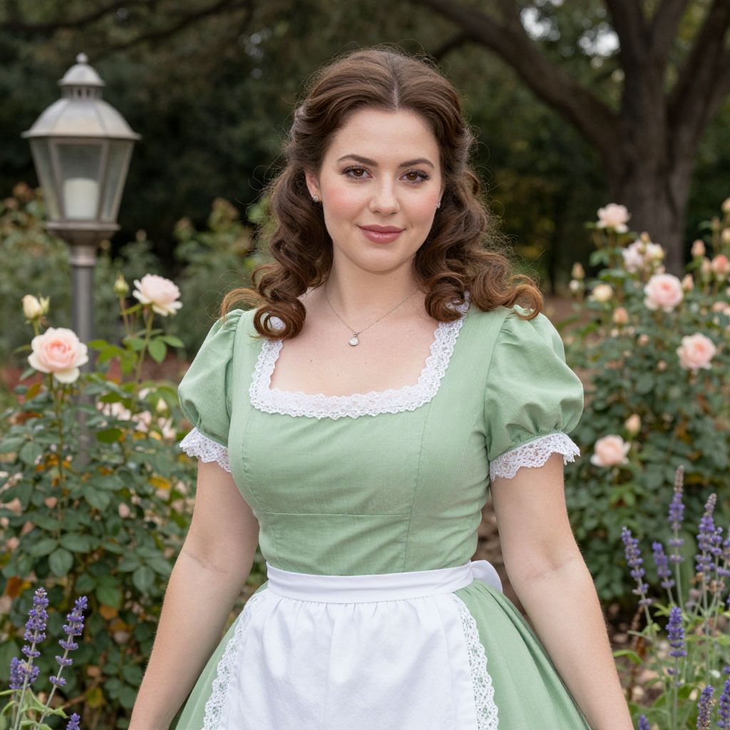 Vintage Style Woman in Green Dress in Rose Garden