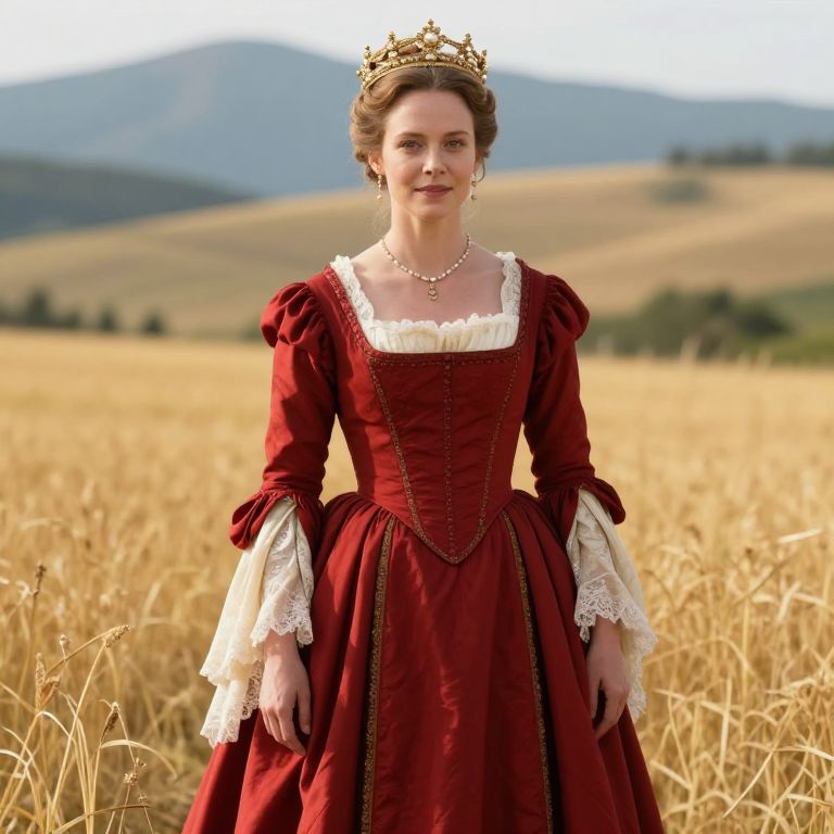 Woman in Red Renaissance Gown and Golden Crown in Wheat Field