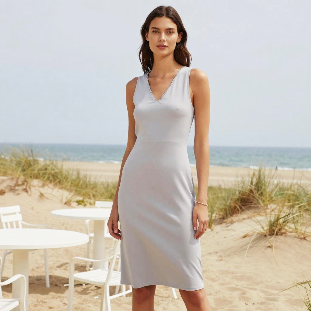 Tall Woman in Minimalist Sleeveless Light Grey Shift Dress at Beach
