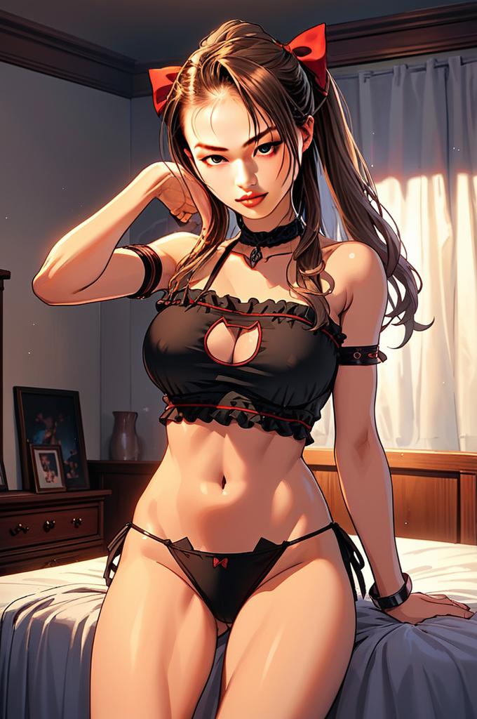 Anime Style Woman in Black and Red Lingerie with Red Hair Bow