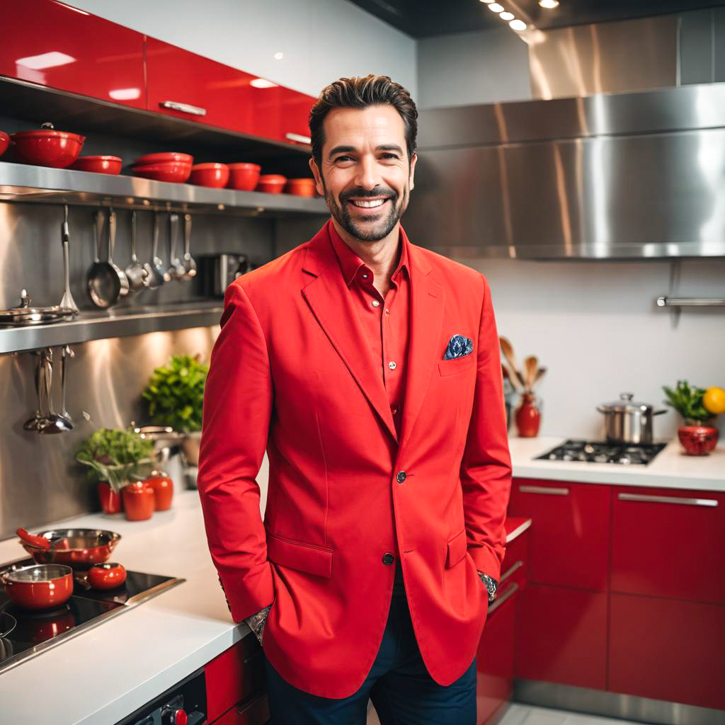 Confident Man in Red Blazer in Modern Kitchen