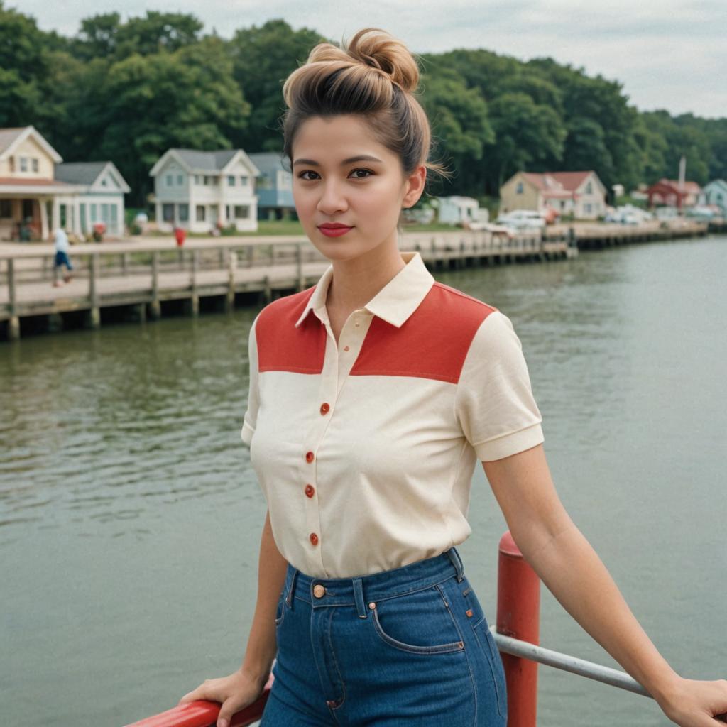 Stylish Woman in Retro Fashion by Lakeside Dock