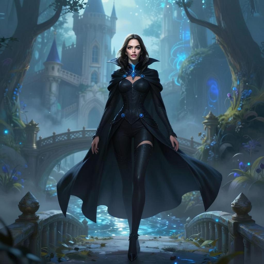 Fantasy Woman in Black Cloak Walking Near Enchanted Castle in Mystical Forest