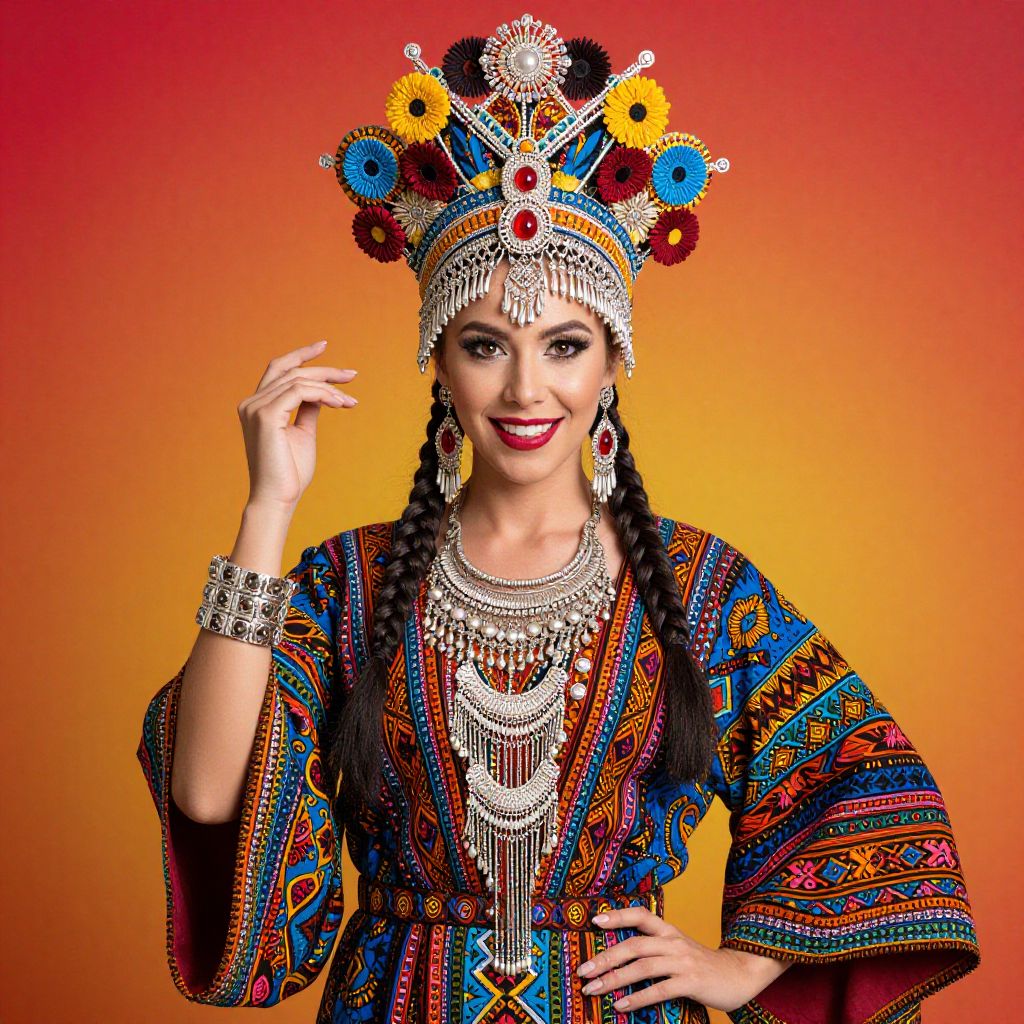 Traditional Woman in Colorful Ethnic Costume with Intricate Headdress