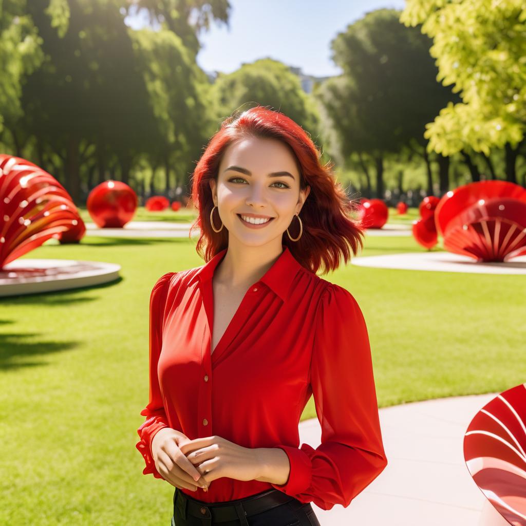 Vibrant Woman in Sunny Park with Red Sculptures