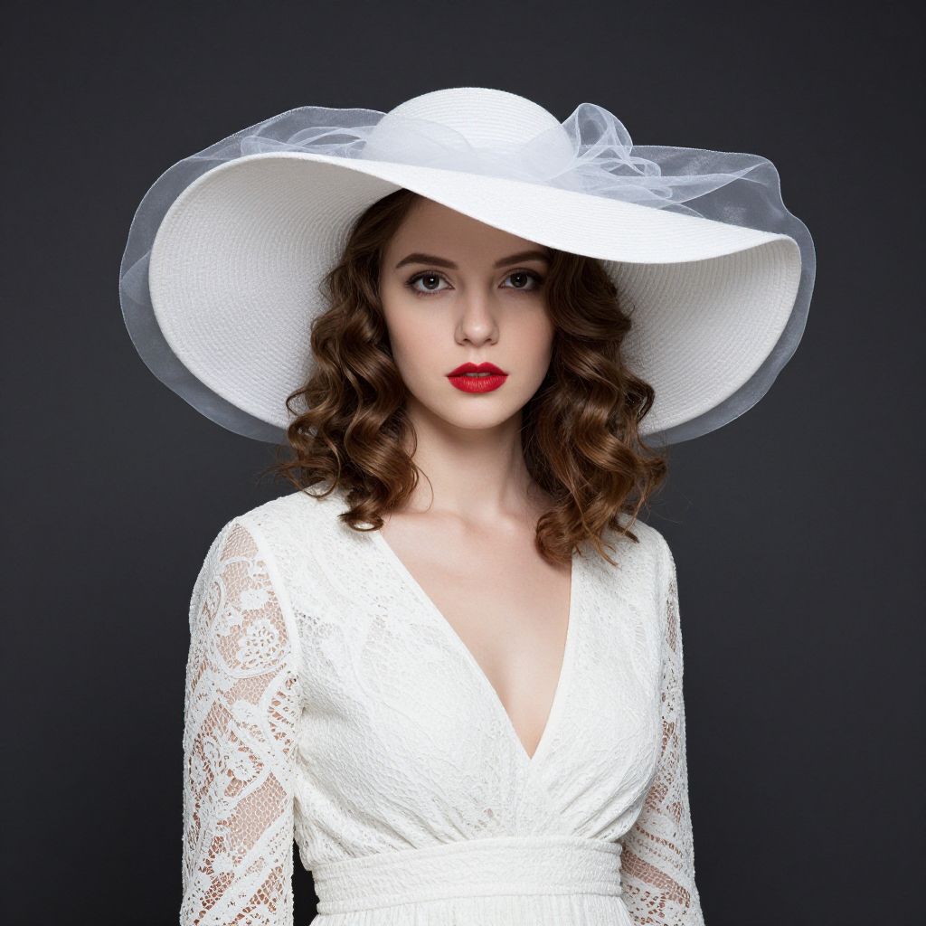 Elegant Woman in White Lace Dress and Wide-Brimmed Hat