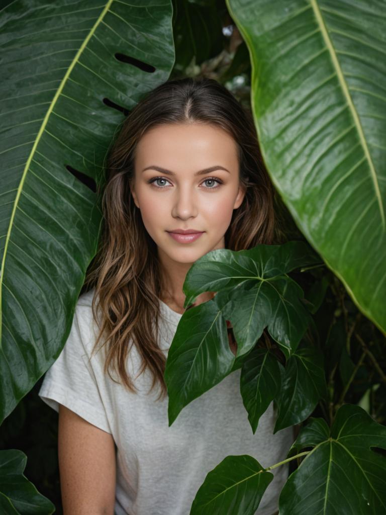 Woman in white t-shirt with green leaves