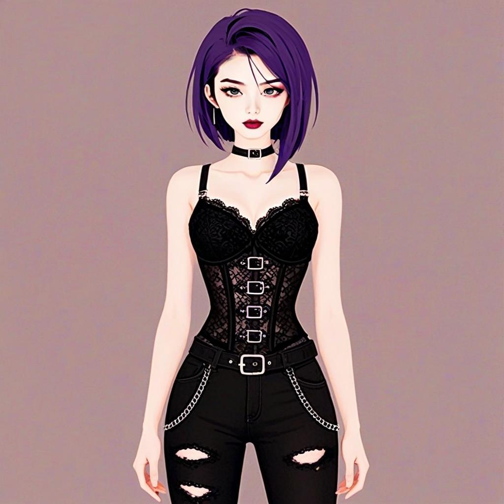 Stylish Young Woman with Purple Hair in Black Lace Corset and Ripped Pants