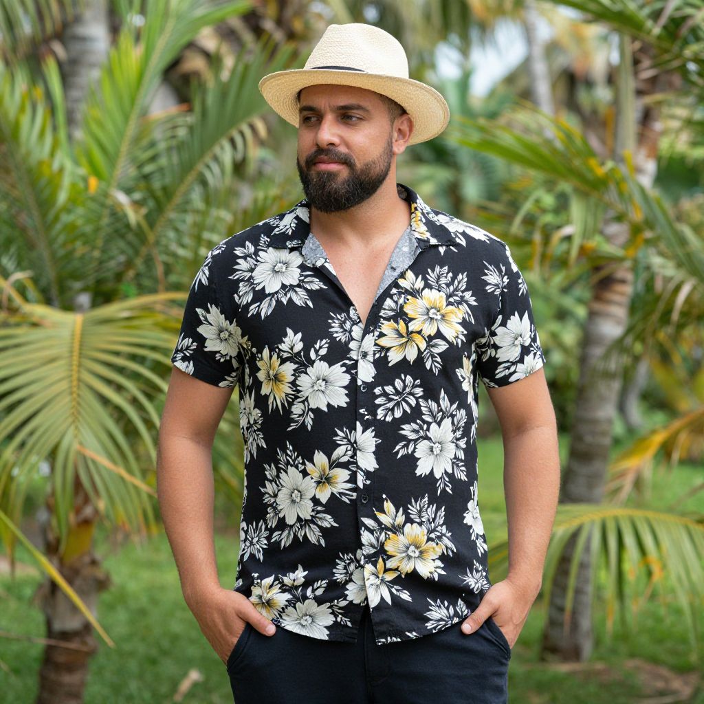 Man Wearing Floral Shirt and Straw Hat in Tropical Garden
