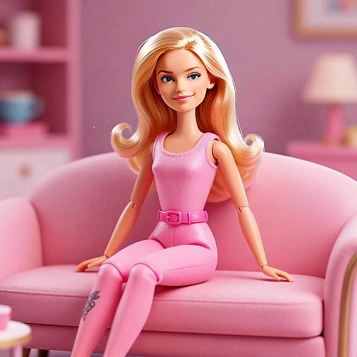 Gen Z Woman Doll Sitting on Pink Sofa in Stylish Outfit