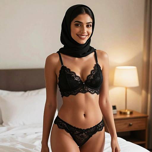 Young Woman in Black Lace Lingerie and Hijab in Cozy Bedroom