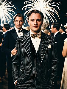 Man in Pinstripe Suit at Gatsby Party with Fireworks