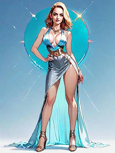 Elegant Woman in Flowing Blue Dress Realistic Comic Style Full Body Illustration