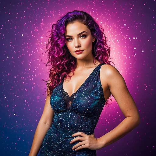 Confident Woman with Purple Hair in Galaxy Dress on Sparkling Background