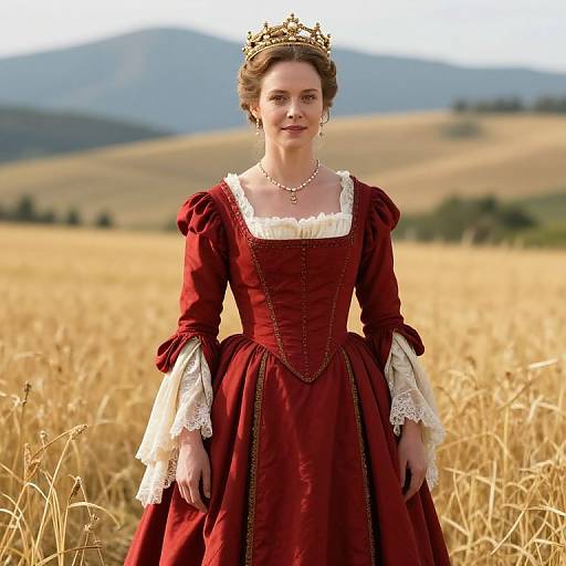 Woman in Red Renaissance Gown and Golden Crown in Wheat Field