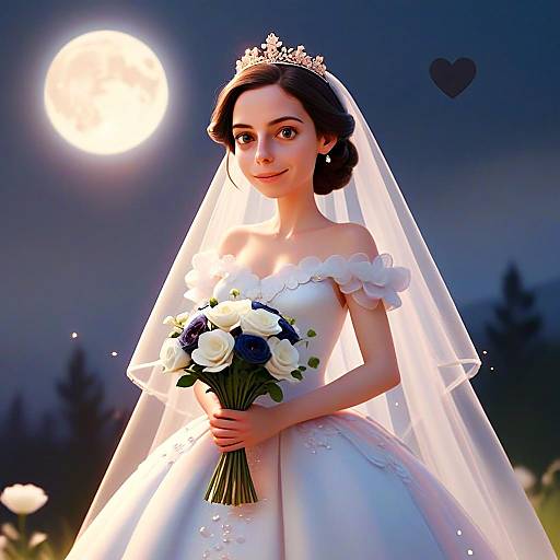 Digital Illustration of Young Bride in Elegant Wedding Dress with Moonlit Background