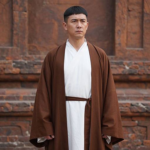Man in Traditional Japanese Kimono with Brown Robe Standing by Stone Wall