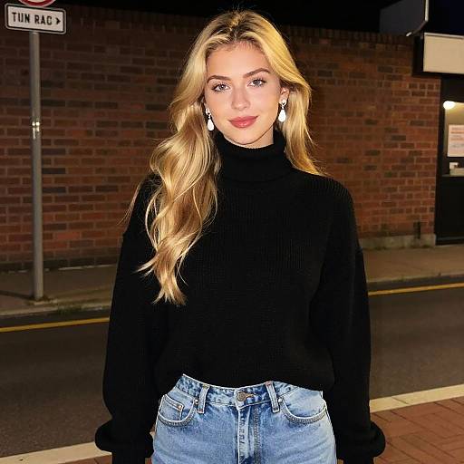 Young Woman in Black Turtleneck and Jeans on City Street at Night