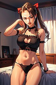 Anime Style Woman in Black and Red Lingerie with Red Hair Bow