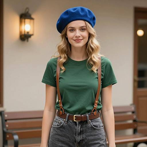 Young Woman Wearing Blue Beret and Brown Suspenders Outdoors