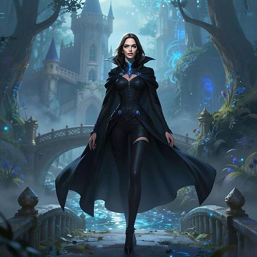 Fantasy Woman in Black Cloak Walking Near Enchanted Castle in Mystical Forest