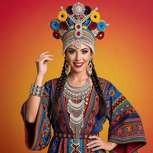 Traditional Woman in Colorful Ethnic Costume with Intricate Headdress