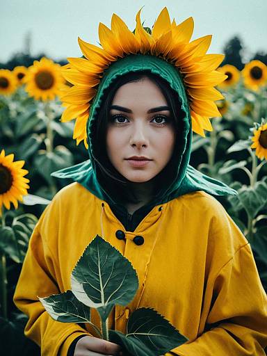 Whimsical Woman in Sunflower Costume in a Sunflower Field Photorealistic Portrait