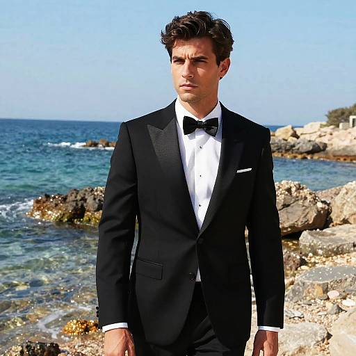 Elegant Man Wearing Classic Black Tuxedo by the Seaside