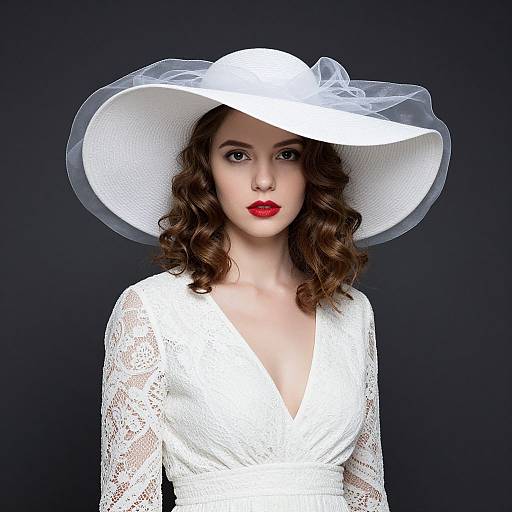 Elegant Woman in White Lace Dress and Wide-Brimmed Hat