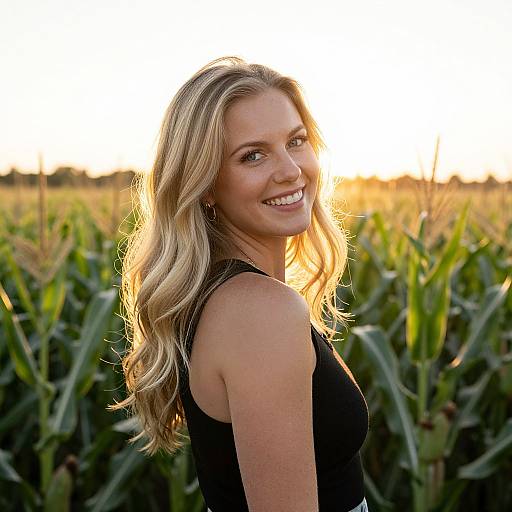Blonde Woman Smiling in Cornfield at Sunset