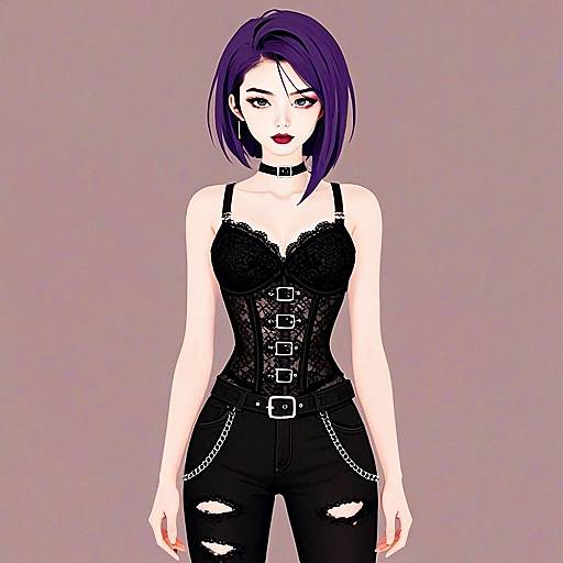 Stylish Young Woman with Purple Hair in Black Lace Corset and Ripped Pants