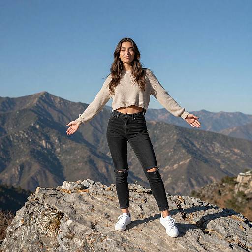 Confident Young Woman in Modern Gen Z Fashion on Mountain Peak