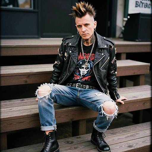 Gen Z Punk Rock Man with Spiked Mohawk and Ripped Jeans Sitting on Wooden Steps