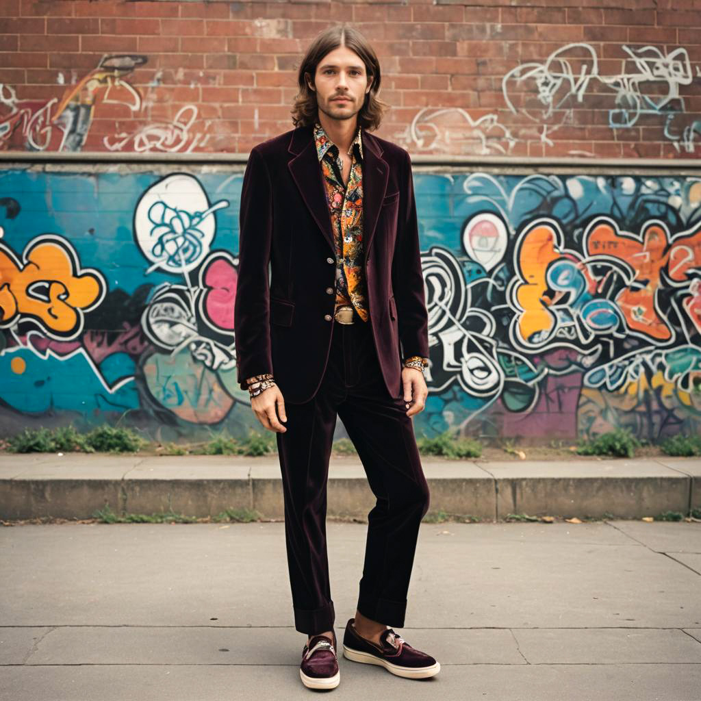 Stylish Man in Burgundy Velvet Suit Against Graffiti