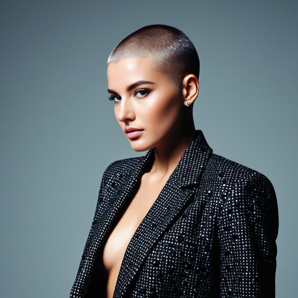 Confident Woman with Shaved Head in Textured Black Blazer High Fashion Portrait