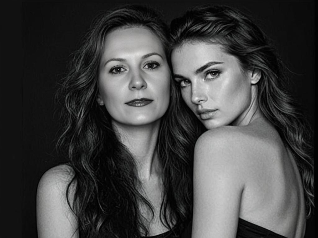 Black-and-White Artistic Portrait of Two Contemplative Women