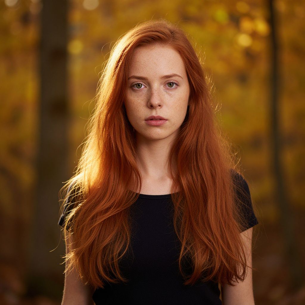 Portrait of Young Red-Haired Woman in Autumn Forest Setting