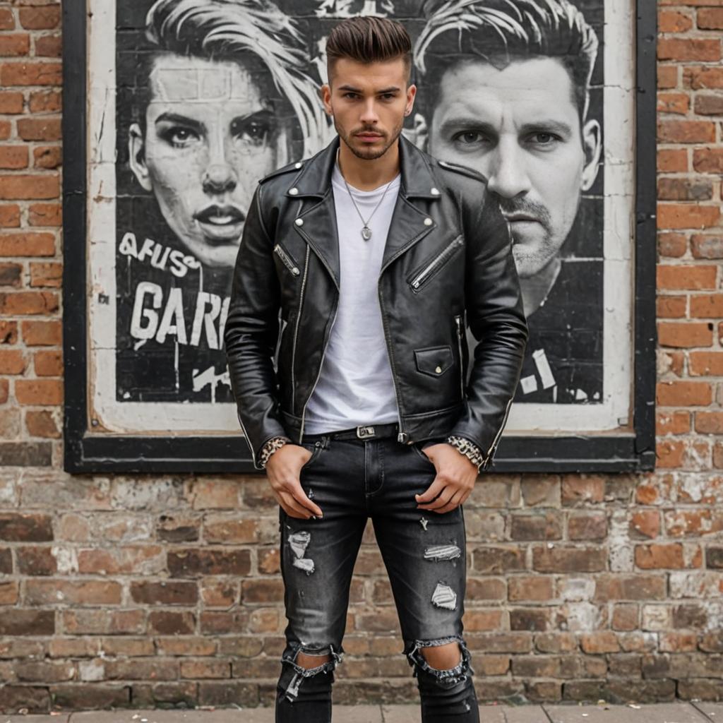 Stylish Man in Leather Jacket Against Graffiti Wall