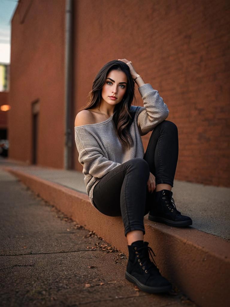 Stylish Woman on Concrete Ledge