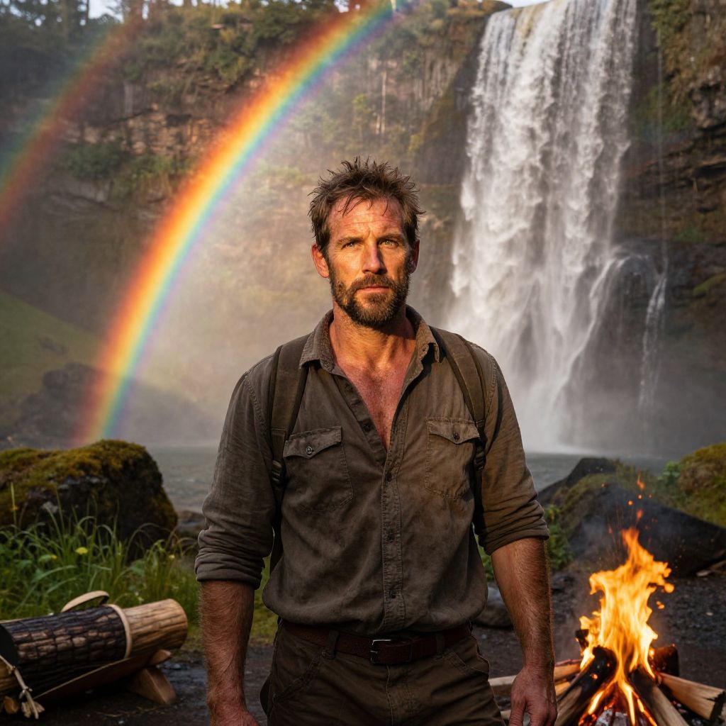 Adventurous Man by Waterfall with Double Rainbow and Campfire