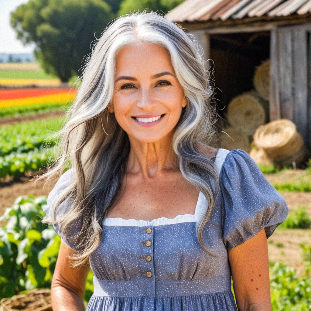 Cheerful Woman with Silver Hair in Rustic Farm Setting