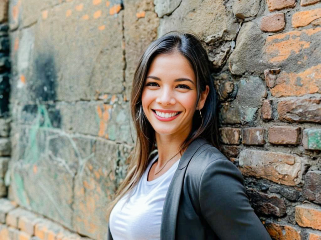 Smiling Woman Portrait Against Stone Wall