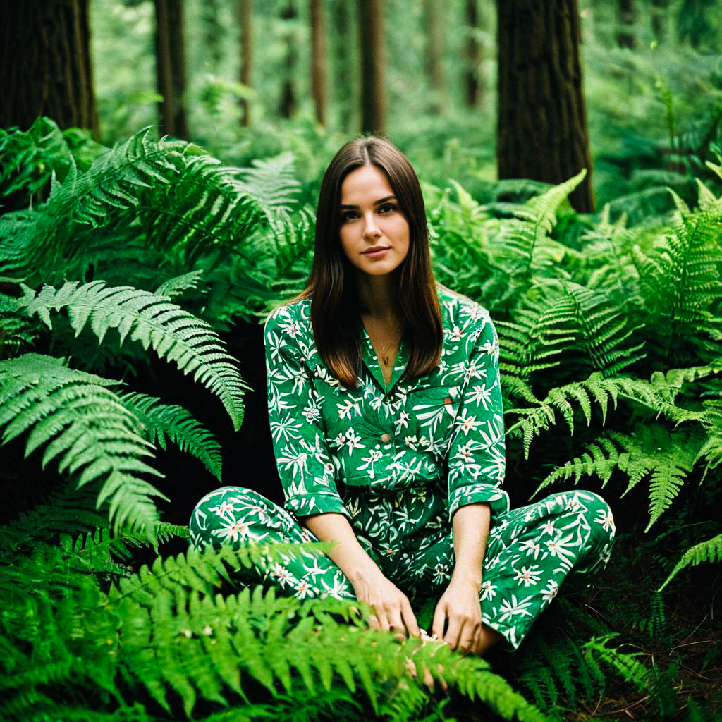 Young Woman in Green Outfit in Lush Forest