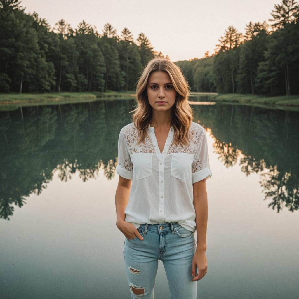 Serene Woman by Calm Lake in Lush Forest