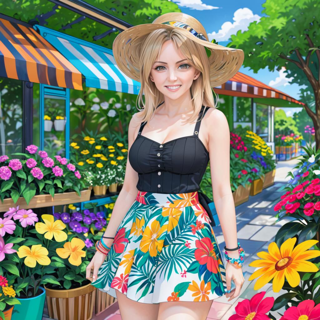 Smiling Woman in Tropical Outfit at Flower Shop