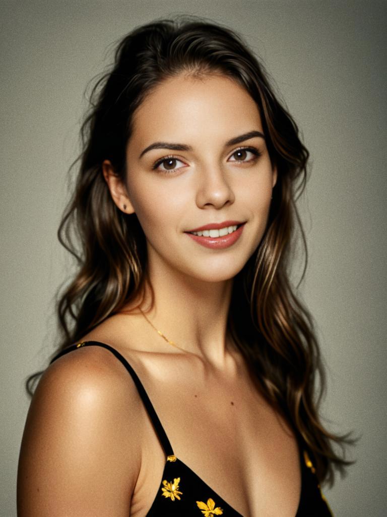 Smiling Woman in Black Dress with Yellow Flowers