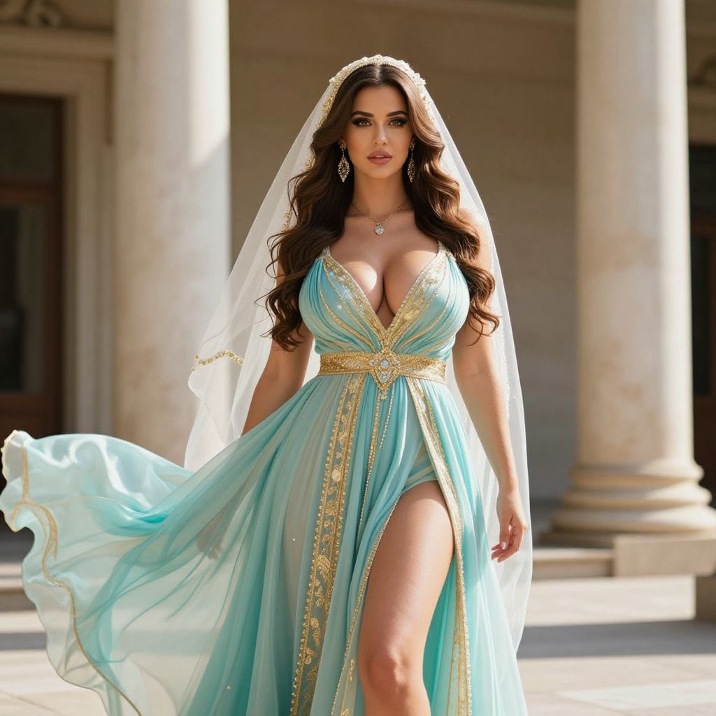 Elegant Woman in Aqua Blue and Gold Embroidered Gown with Veil