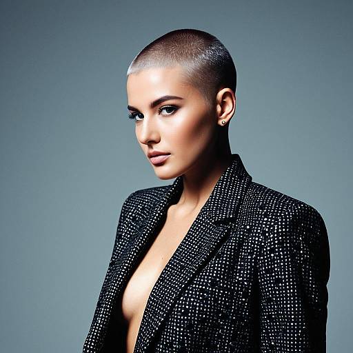 Confident Woman with Shaved Head in Textured Black Blazer High Fashion Portrait